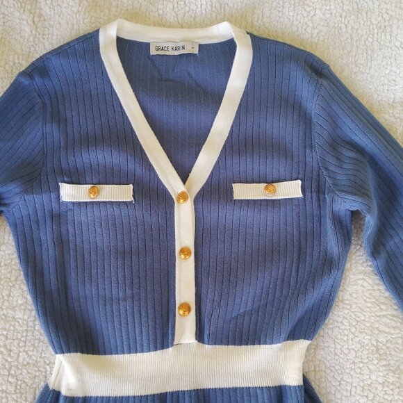 GRACE KARIN Sweater Dress Long Sleeve V Neck Pullover Elegant Midi Knit Dress - Picture 5 of 8